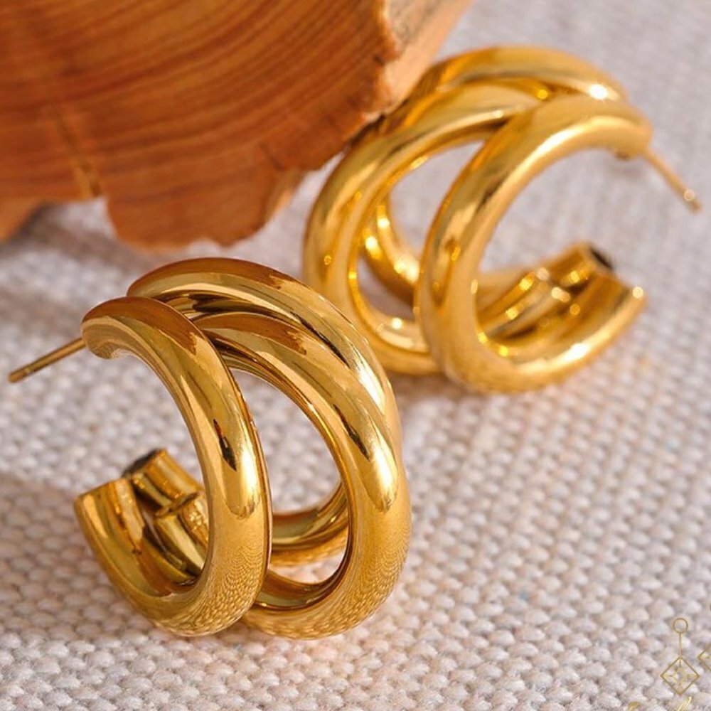 NEW 14K Yellow Gold Trifinity Boho Multi Hoop Statement Luxury Stud Earrings